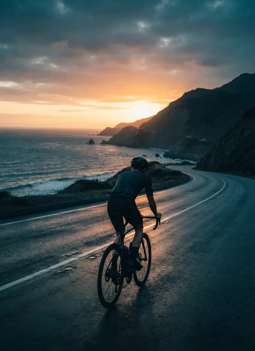 Road cyclist on a coastal road at dusk
