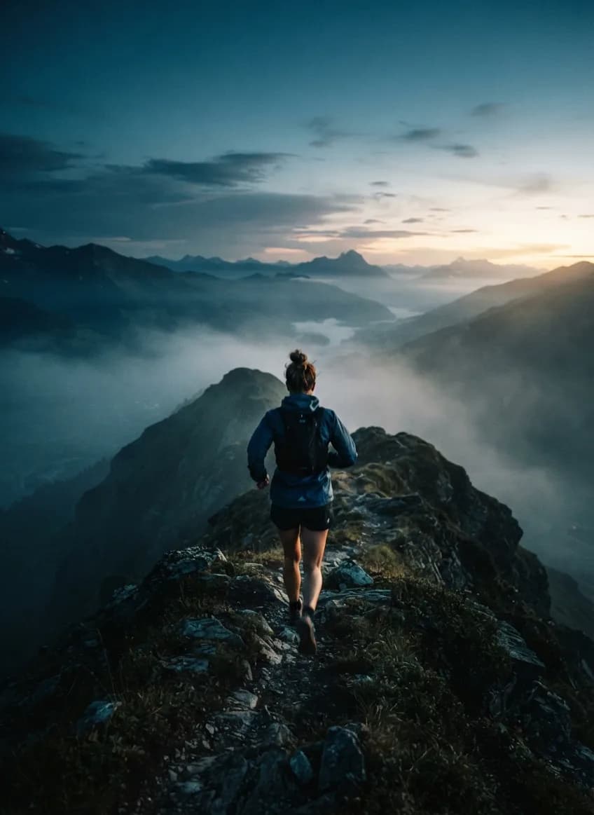 Trail runner on a mountain ridge at dawn