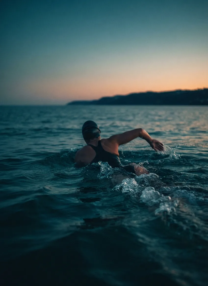 Open water swimmer at sunrise