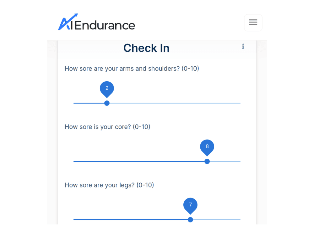 AI Endurance check in muscle and joint soreness for triathlon, cycling and running